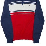 TOMMY HILFIGER Mens Patterned Jumper Blue Colourblock 1/4 Zip Tight Knit S