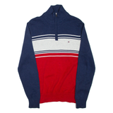 TOMMY HILFIGER Mens Patterned Jumper Blue Colourblock 1/4 Zip Tight Knit S