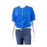 Womens Cropped Blouse Blue Puff Sleeve Spotted M
