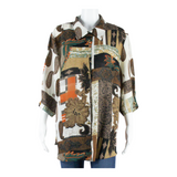 Sheer Womens Shirt Brown Collared Crazy Pattern L