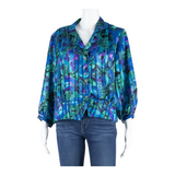 RIO Womens Blouse Shirt Blue Collared Long Sleeve Crazy Pattern S