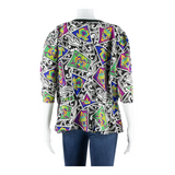 WOLLEN HOF Womens Printed Blouse Black V-Neck Silk Crazy Pattern M