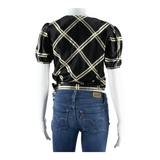 Womens Wrap Blouse Black V-Neck Puff Sleeve Diamond S