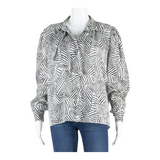 Womens Printed Blouse Black Collared Long Sleeve Chevron L