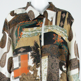 Sheer Womens Shirt Brown Collared Crazy Pattern L