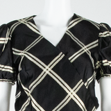 Womens Wrap Blouse Black V-Neck Puff Sleeve Diamond S