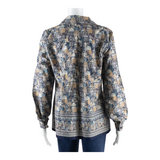 Womens Printed Blouse Blue V-Neck Long Sleeve Crazy Pattern L