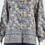 Womens Printed Blouse Blue V-Neck Long Sleeve Crazy Pattern L