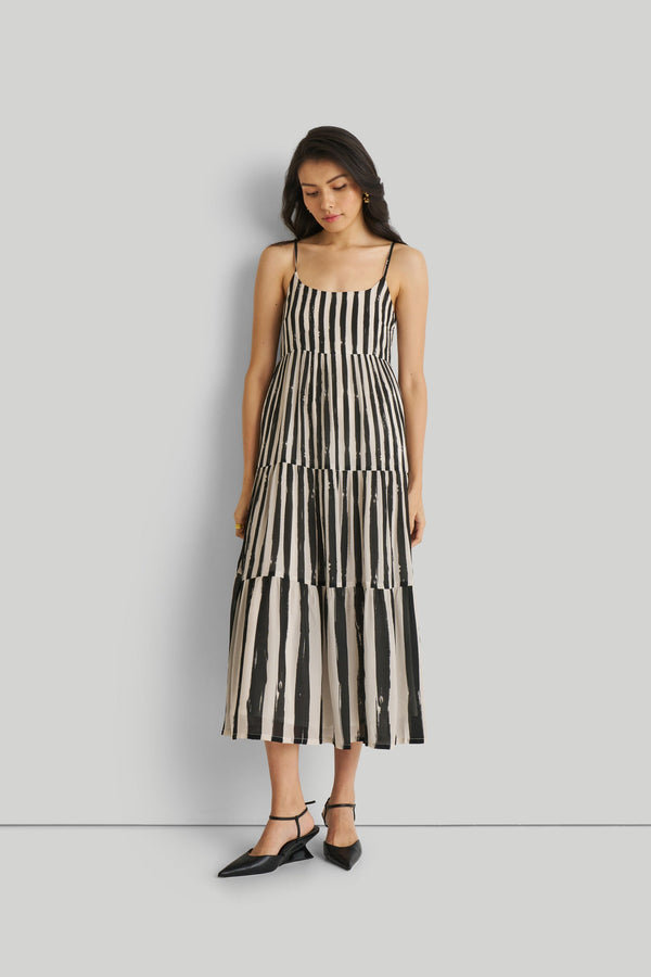 Strappy Tiered Maxi Dress in Black Stripes
