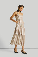 Strappy Tiered Maxi Dress in Beige Stripes