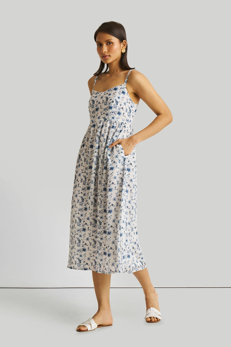 Strappy Gathered Blue Floral Midi Dress