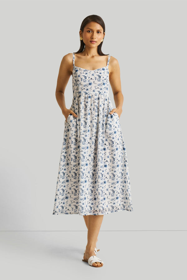 Strappy Gathered Blue Floral Midi Dress