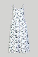 Strappy Gathered Blue Floral Midi Dress