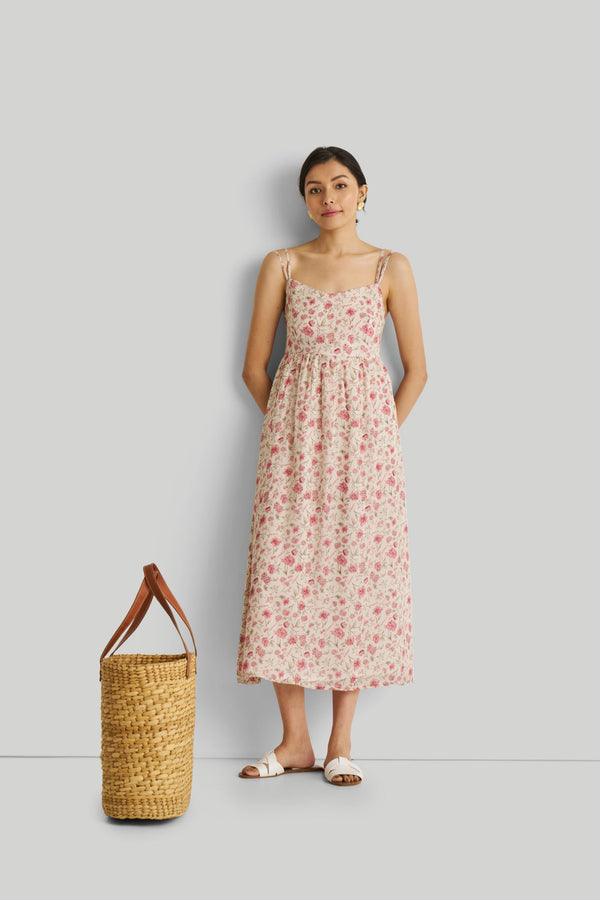 Strappy Gathered Midi Dress in Pink Florals