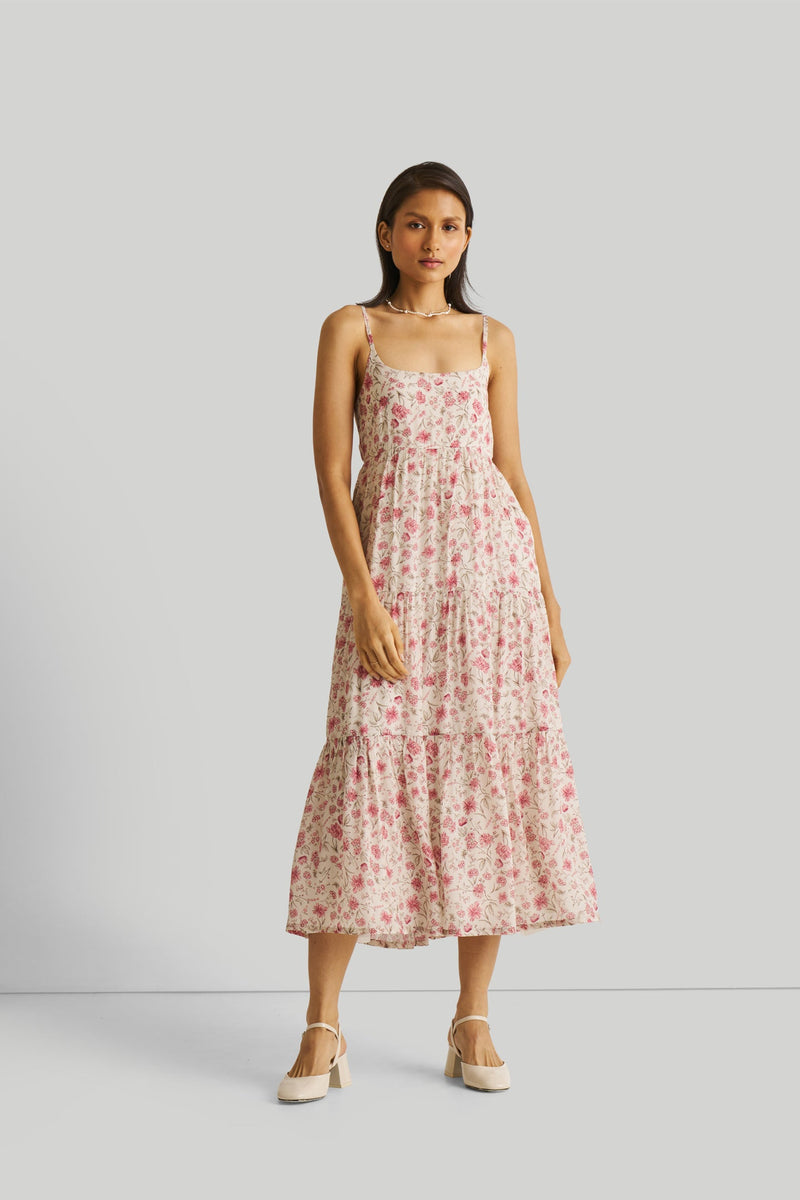 Strappy Tiered Maxi Dress in Pink Florals