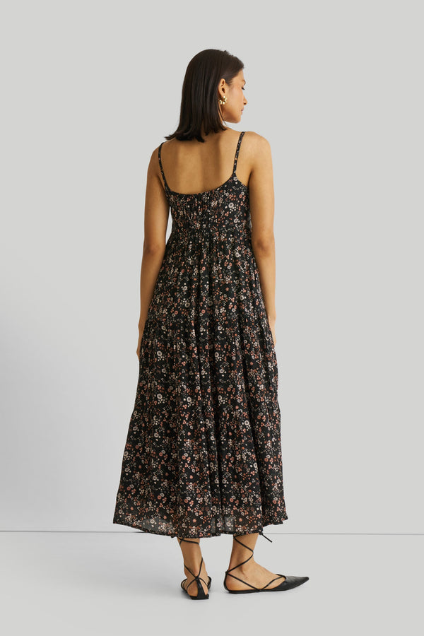 Strappy Tiered Maxi Dress in Black Florals