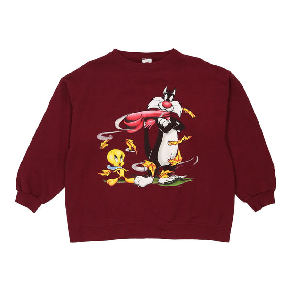 Looney Tunes Cartoon Sweatshirt - Medium Burgundy Cotton Blend