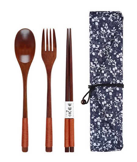 Anygleam 3pcs Orange Blue Pouch Set – Wooden Spoon Fork Chopsticks