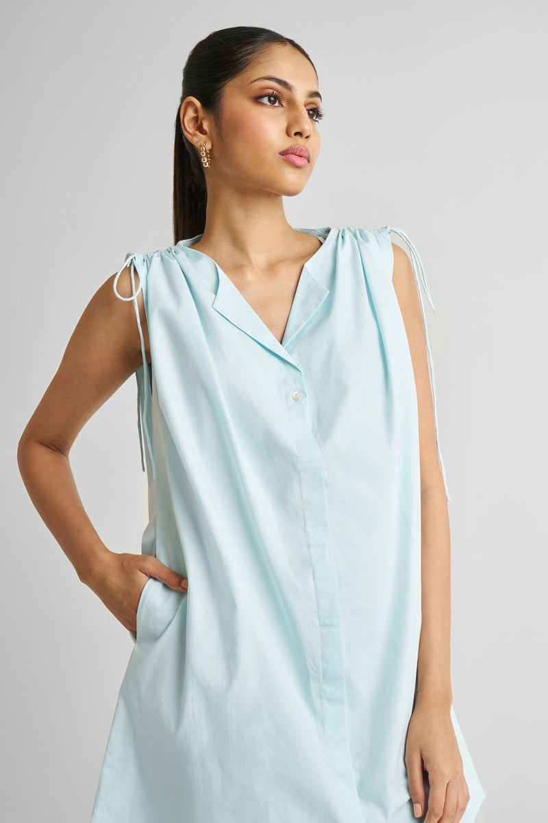 Shirt dress with Shoulder Tie Details in Summer Blue