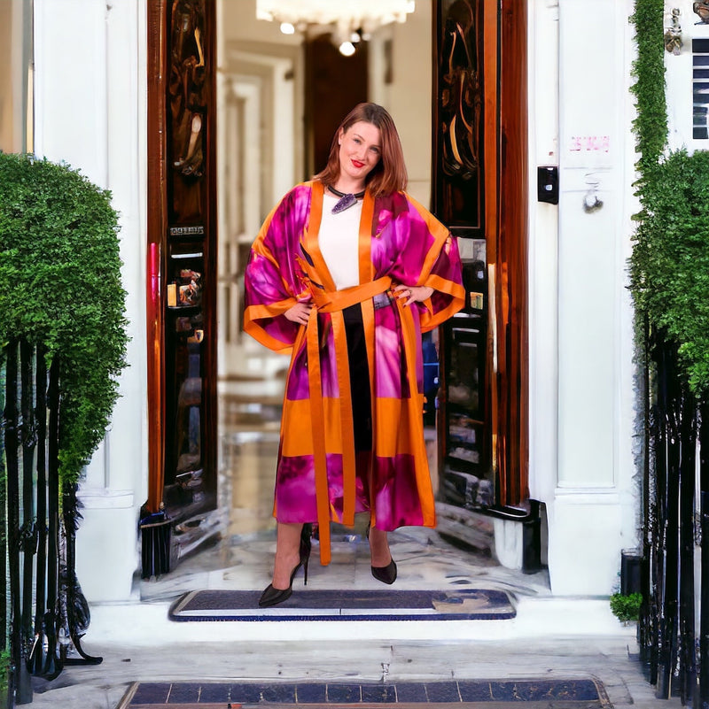 Womens Bird  of Paradise Pink Purple Silk Kimono styled with a white blouse, black pencil skirt, and  Jewelry by Veronique Designs for a chic outfit.