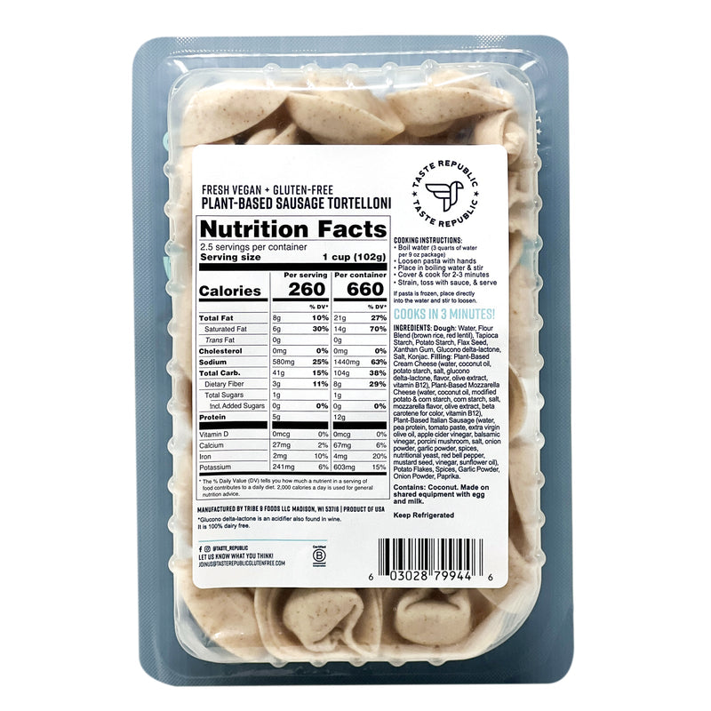 Fresh Vegan + Gluten-Free Plant-Based Sausage Tortelloni (6-Pack)