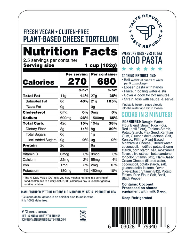 Fresh Vegan + Gluten-Free Plant-Based Cheese Tortelloni (6-Pack)