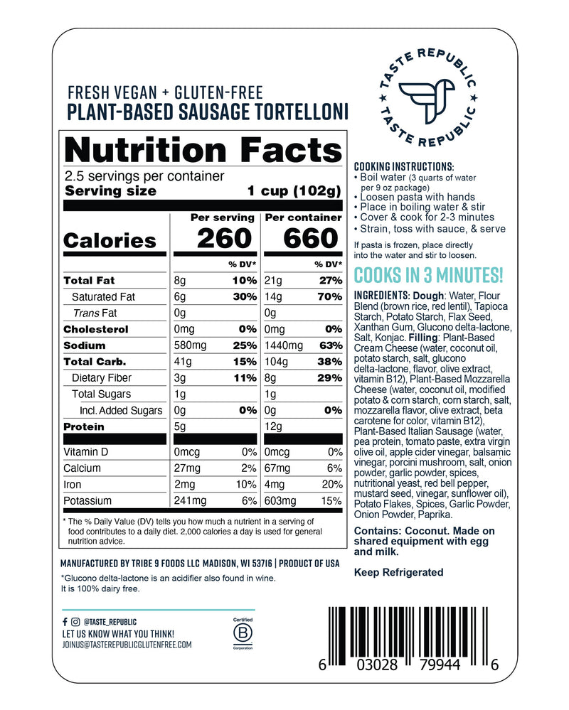 Fresh Vegan + Gluten-Free Plant-Based Sausage Tortelloni (6-Pack)