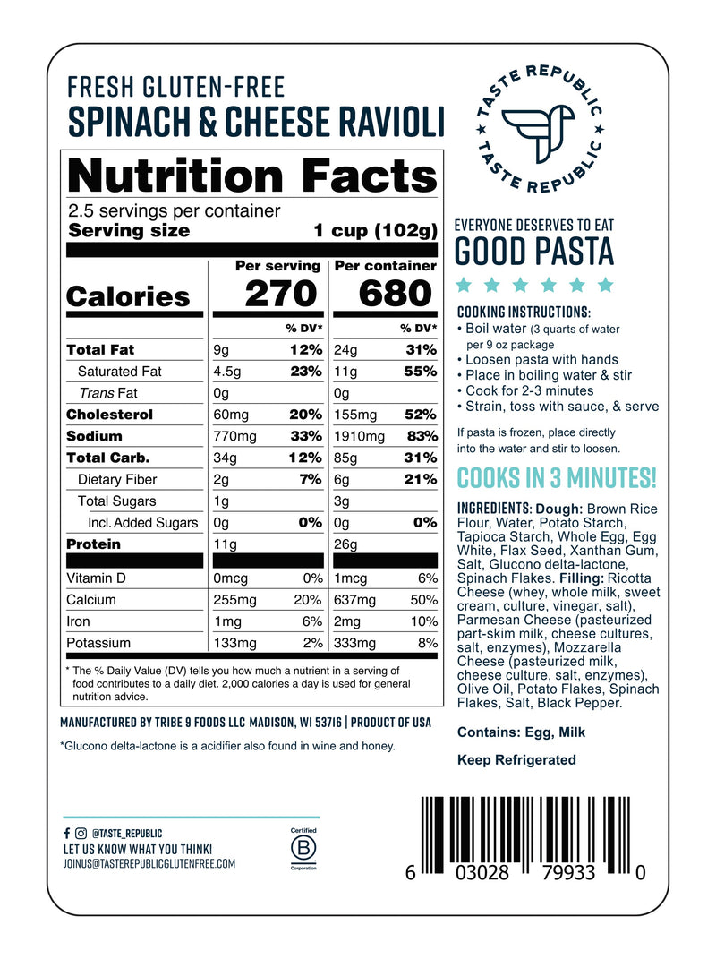 Fresh Gluten-Free Spinach & Cheese Ravioli (6-Pack)