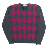CALVIN KLEIN GOLF Mens Patterned Jumper Grey Diamond V-Neck Tight Knit Wool M