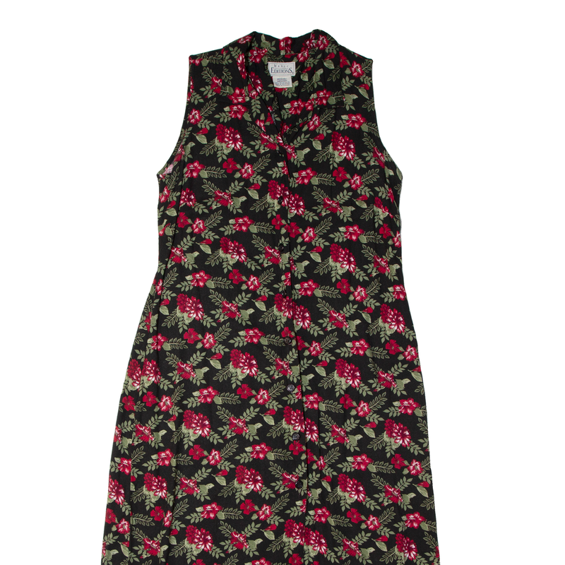 BASIC EDITIONS Tea Womens Day Dress Black 90s Floral Sleeveless Long M