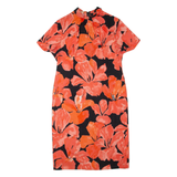 Womens Pencil Dress Black 90s Floral Short Sleeve Midi L