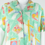 Womens Tea Dress Green Crazy Pattern Short Sleeve Knee Length M