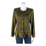 Stretch Button Up Womens Printed Shirt Green 90s Crazy Pattern M