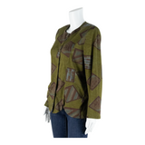 Stretch Button Up Womens Printed Shirt Green 90s Crazy Pattern M