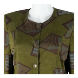 Stretch Button Up Womens Printed Shirt Green 90s Crazy Pattern M