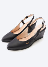 Tivoli Black Leather Slingback Women Almond Toe Wedge Shoes