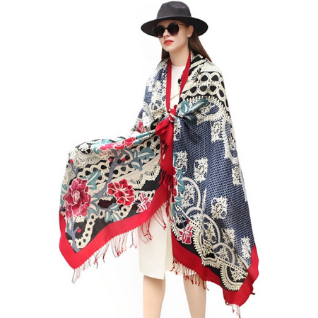 Anyyou 100% Pure Merino Wool Multicolor Rose Zentangle Stylish Poncho Winter Large Scarf With Trendy Pashmina Shawl Bandana For Womenfashion Design