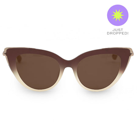 Front view of white background picture of oversize faded brown glossy cateye sunglasses with metal detailing