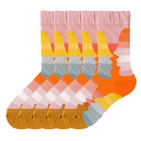 Anyfootwear 5 Pairs Size 5-9 Women Fashion Socks Combed Cotton Abstract Pink Flower Oil Painting Print Novelty Funny Happy Crew Socks Colorful Casual Christmas Gift