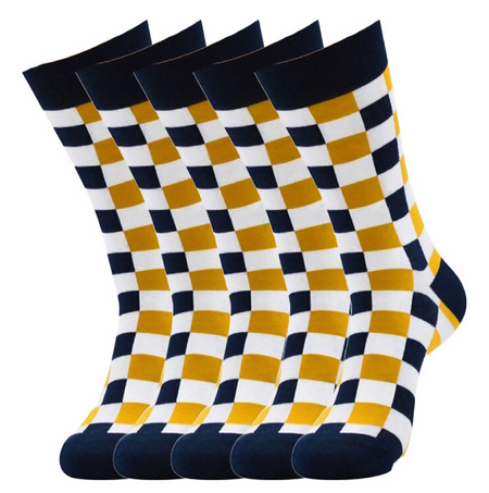 Anyfootwear 5 Pairs Size 5-14 Women Fashion Socks Cotton Skateboard Square Pattern Blue White Khaki Novelty Crew Socks Casual Sports Socks