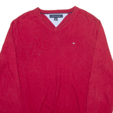 TOMMY HILFIGER Mens Jumper Red V-Neck Tight Knit M