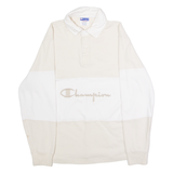 CHAMPION Mens Polo Shirt Beige Colourblock Long Sleeve M