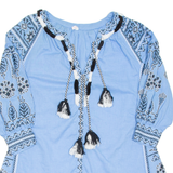 Womens Printed Top Blue V-Neck 3/4 Sleeve Crazy Pattern S