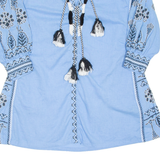 Womens Printed Top Blue V-Neck 3/4 Sleeve Crazy Pattern S