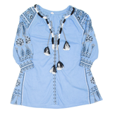 Womens Printed Top Blue V-Neck 3/4 Sleeve Crazy Pattern S