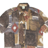 CANDA Womens Printed Blouse Brown Collared Silk Crazy Pattern S