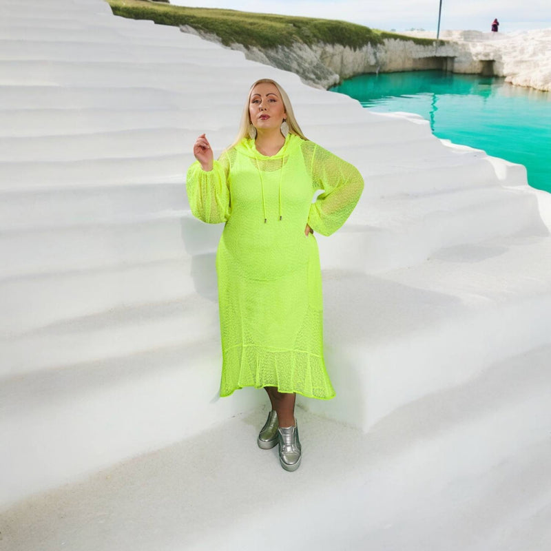 Aphrodite Neon Lime Holiday Resort Midi Dress With Hoodie -Inclusive Plus Size up to UK 16 / US 12