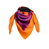 Womens Luxury Silk scarf featuring an Orange Bird of Paradise with a pink and purple print, displayed as a cutout on an invisible mannequin.