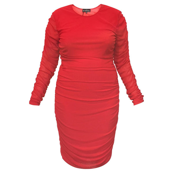 Women's Red Plus Size and Mid Size Boudicca Ruched Bodycon Midi Dress shown as a cutout.