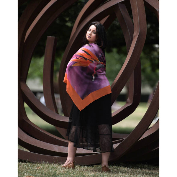 Women's Pink Purple Georgette Scarf displayed on the Aphrodite Black Holiday Resort Dress, shown from the back